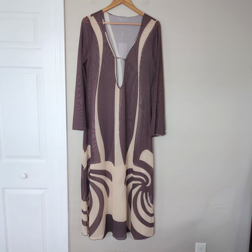 Caroline Constas Swim NWT Tan/Brown Mesh Sheer Cutout Maxi Coverup Dress Medium